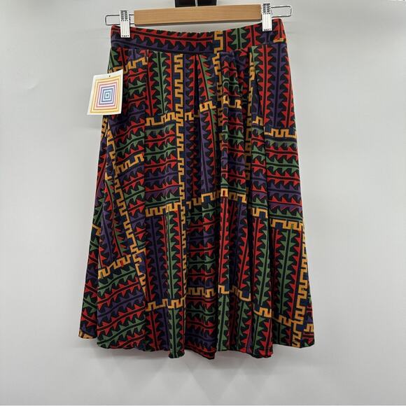 LuLaRoe Madison Black Multicolor Geometric Print Pleated A-Line Mini Skirt Sz XS - Picture 2 of 7